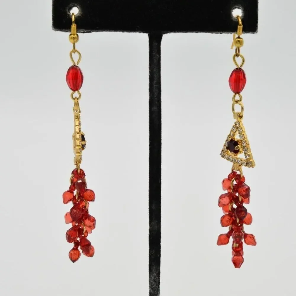 Statement Dangle Earrings Earrings Red Rhinestone Crystal Beaded Cluster Gold 9L